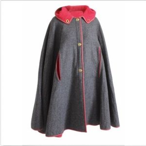Bonnie Cashin Cape with Hood Charcoal Wool Cherry Red Leather Trim Vintage 60s